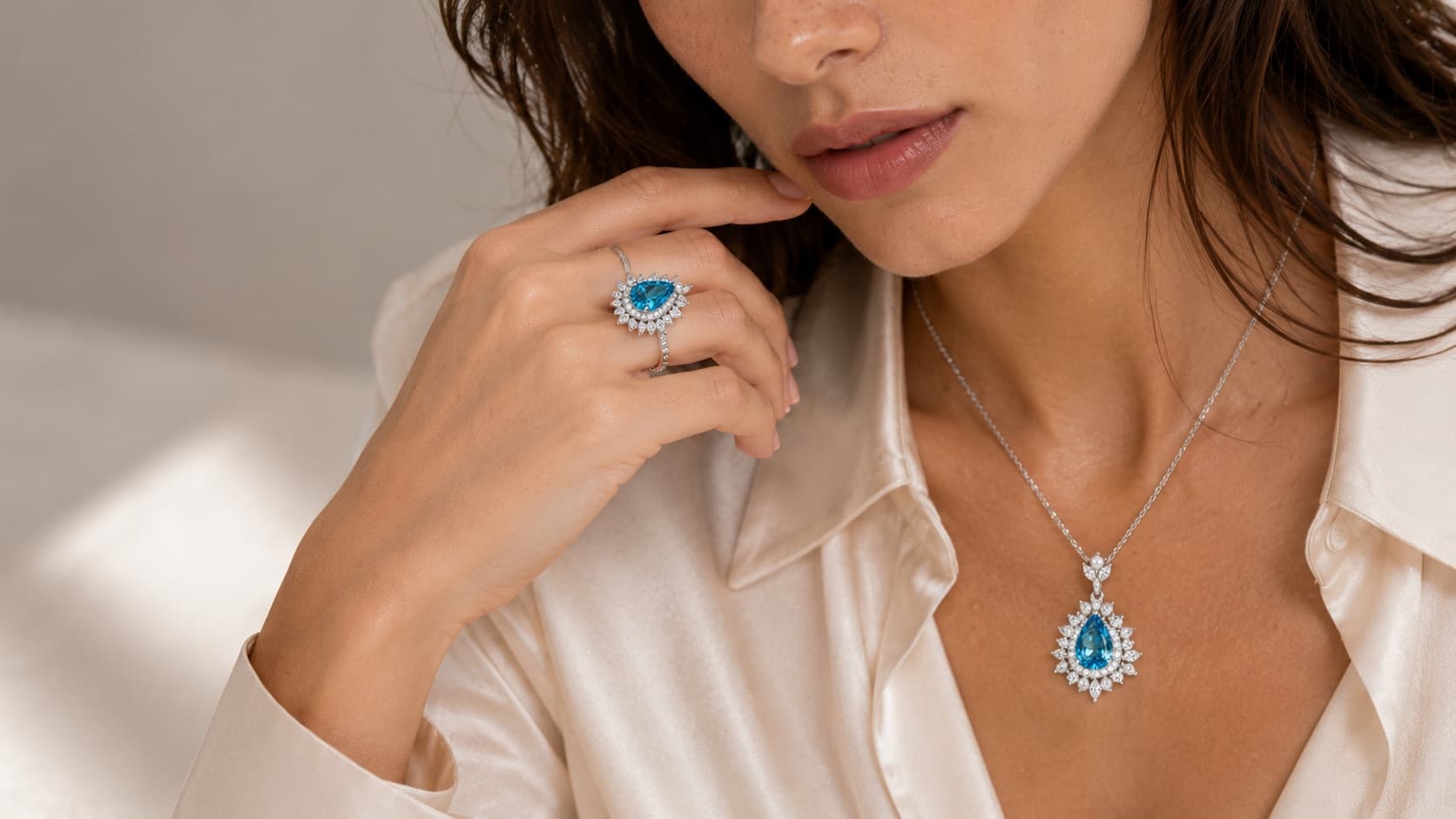 Soft Valoirea blue jewelry editorial scene