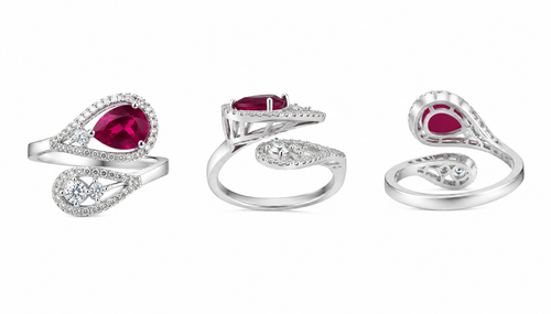 Three views of an open ring with a red pear-shaped element on a white background
